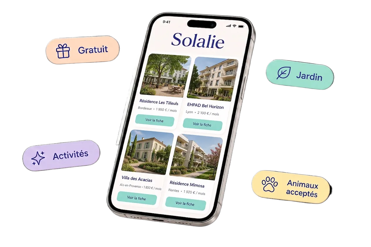 Aperçu de l'application Solalie sur téléphone avec une liste de résidences